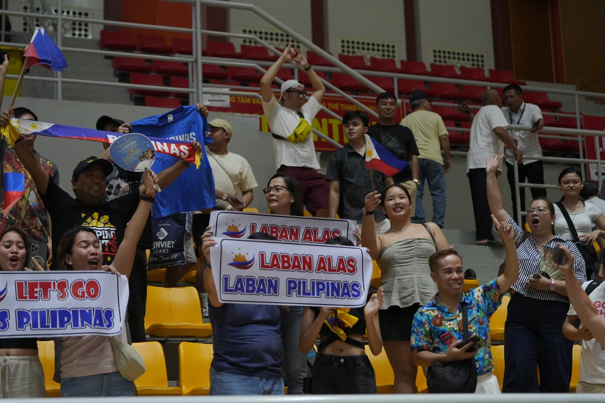 volleyball_phi's tweet photo. That 'first win' feeling hits different! ✨ We're off to a flying start at the AVC Nations Cup, and these photos are proof. Special shoutout to our incredible supporters, especially our kababayans in Vietnam – we felt your love from the stands! Maraming salamat! 🙏 https://t.co/tsLR2SsMF9