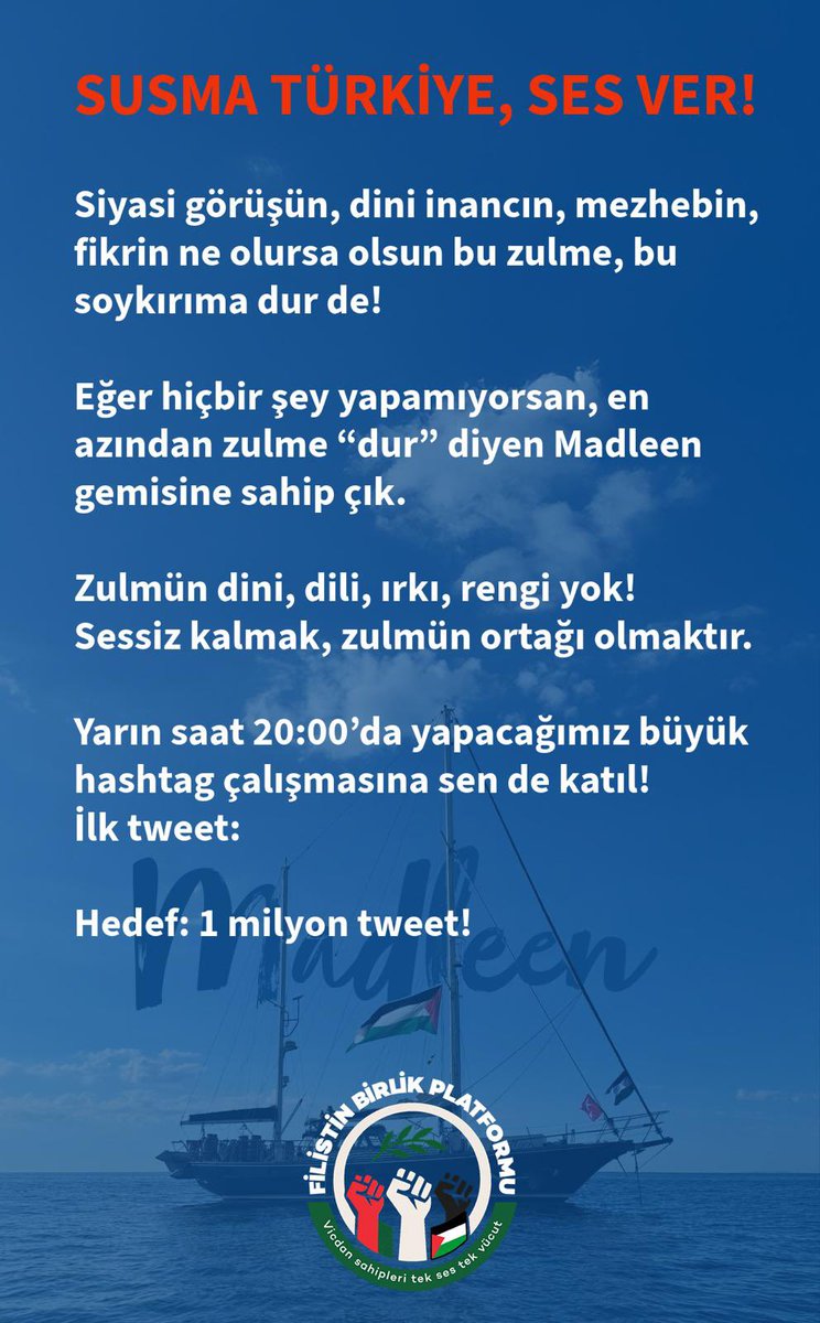 #Madleen

Bakara Suresi / 193: Fitne (zulüm ve işkence) kalmayıncaya ve kulluk da yalnızca Allah için oluncaya kadar onlarla (saldıranlarla) savaşın! Vazgeçerlerse zalimlerden başkasına düşmanlık yoktur.
