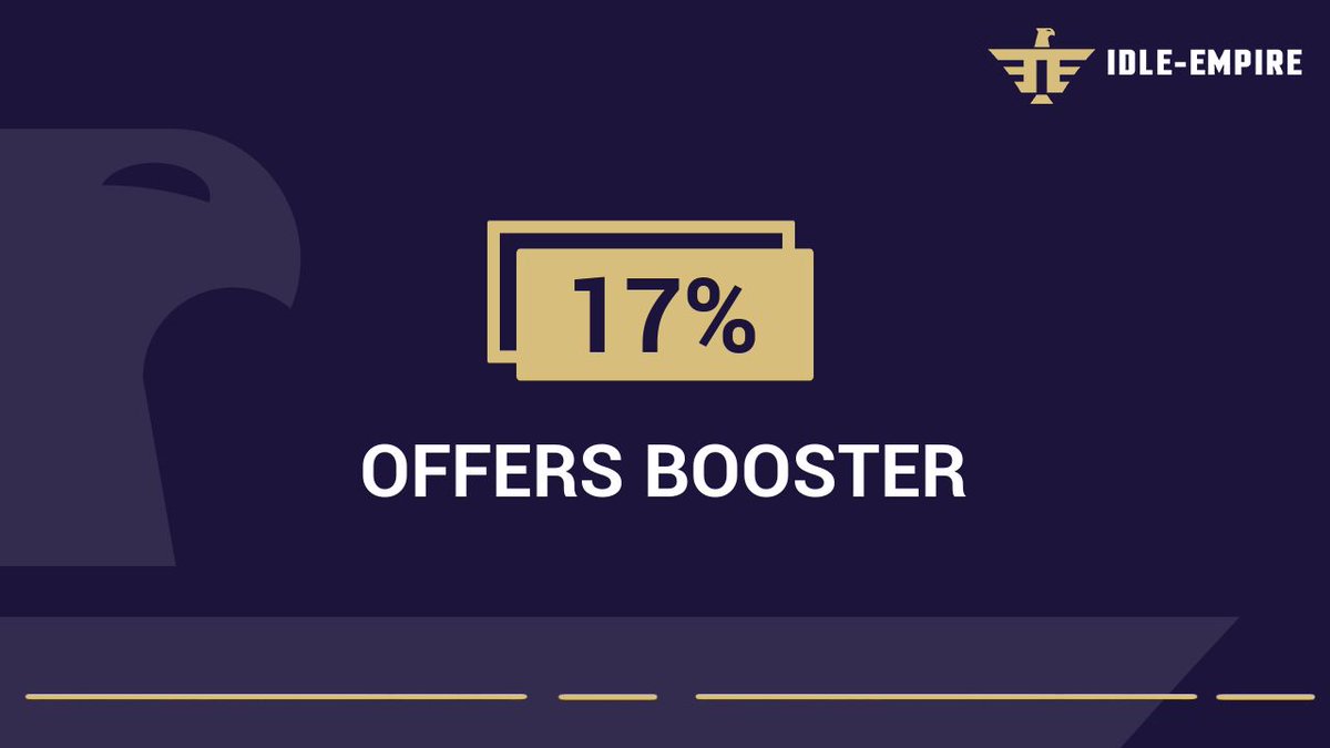 Offers Booster Activated! 🚀

Earn 17% extra points for all Offers transactions in the next 20 hours! ⏳

Start earning now: idle-empire.com/earn/offerwall…
