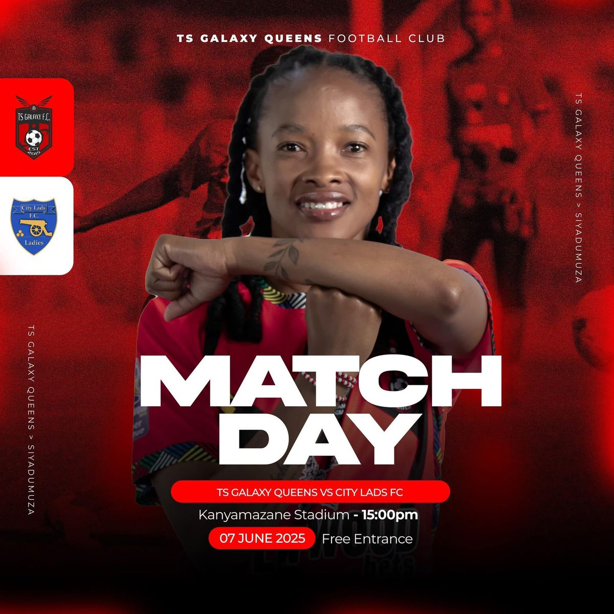 TSGALAXYFC's tweet image. ๐๐ MATCHDAY ๐๐
Another battle. Another opportunity. We face City Lads today, and weโre ready! ๐
๐ @FCLadsLadies
๐ฐ๏ธ 15:00
๐๏ธ Kanyamazane Stadium
๐บ Not televised or streamed
@TSGALAXYQUEENS
#Siyadumuza
#TheRockets
#TSG