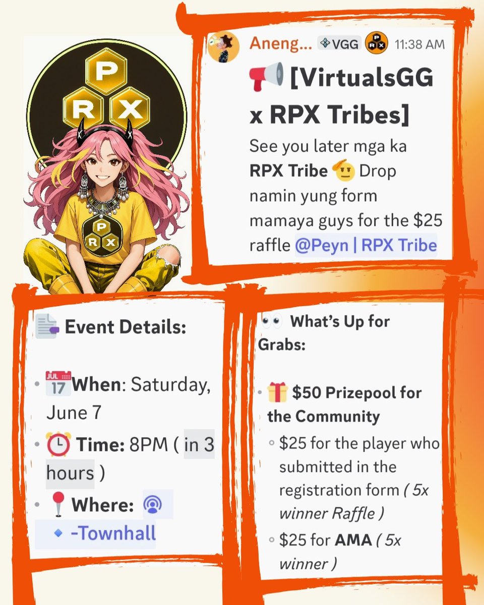 Get ready for an epic AMA session!🎙️In 1.5 hours, VirtualsGG will be joining forces w/ the <a href="/rpxtribe/">RPX Tribe PH</a>  for an unforgettable event! To make it even more thrilling, there'll be awesome rewards for the lucky raffle winners! Don't miss out on this opportunity!
discord.gg/rpx