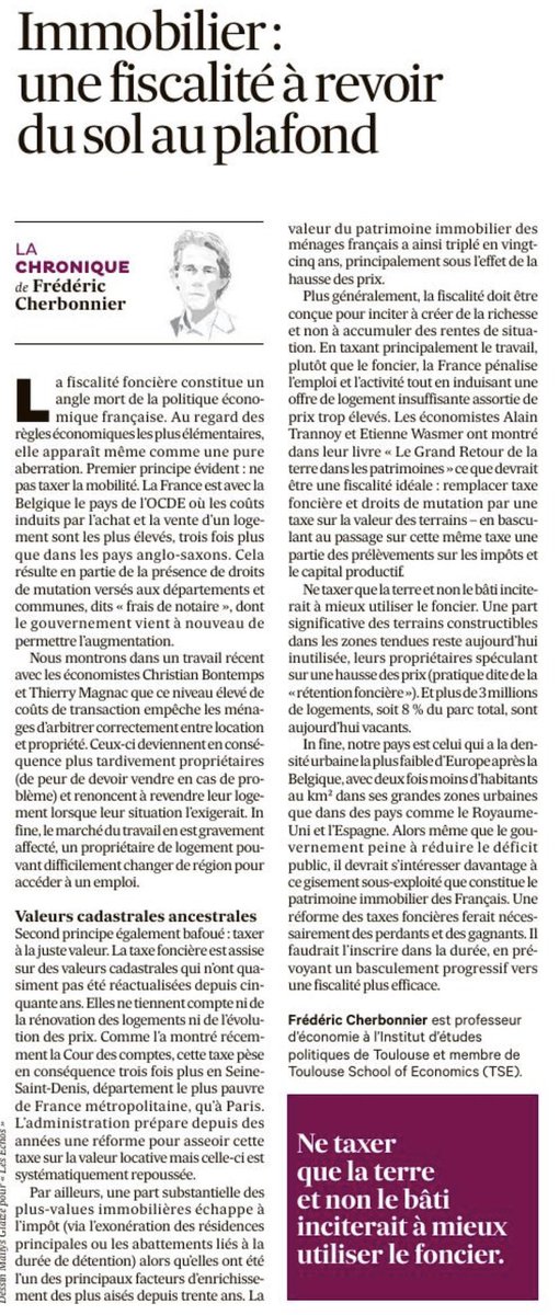 Ma dernière tribune dans Les Échos, pour une réforme en profondeur de la fiscalité foncière cf. lesechos.fr/idees-debats/e…