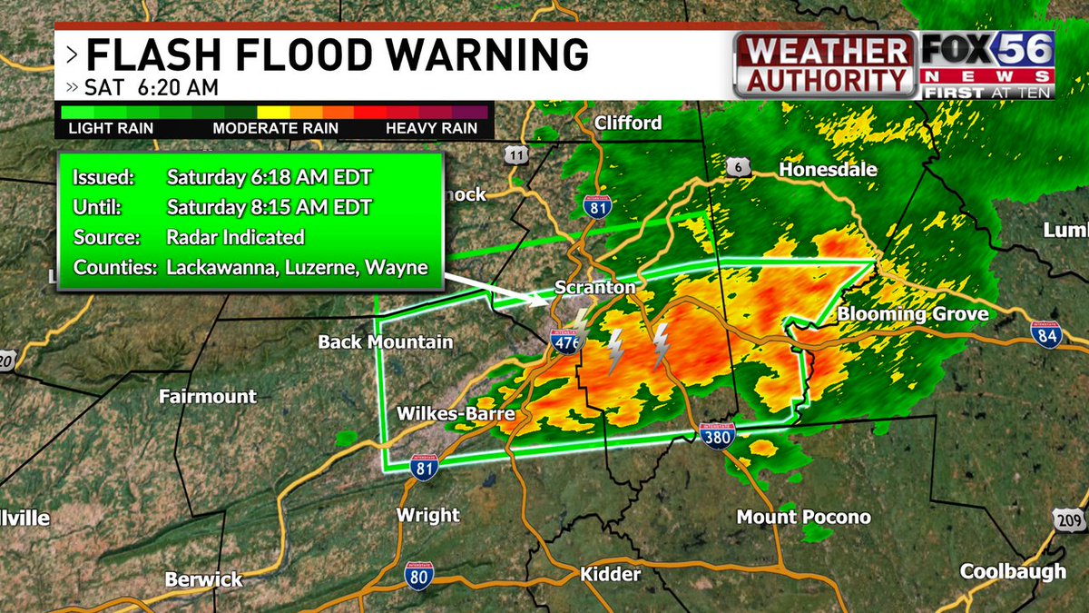 FLASH FLOOD WARNING for southern Lackawanna, northeast Luzerne and southwest Wayne Counties until 8:15  AM. With heavy rain, FLASH FLOODING is occurring or is expected to begin shortly. fox56.com/weather/radar