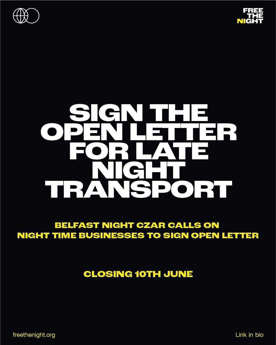 Free The Night (@freethenightni) on Twitter photo ✍️ SIGN THE OPEN LETTER 📝
We are calling on businesses, organisations and promoters* to join the call made by Belfast’s Night Czar Michael Stewart and sign this open letter to the <a href="/niexecutive/">NI Executive</a>.
Link in our bio. 🖇️ ✍️ SIGN THE OPEN LETTER 📝
We are calling on businesses, organisations and promoters* to join the call made by Belfast’s Night Czar Michael Stewart and sign this open letter to the <a href="/niexecutive/">NI Executive</a>.
Link in our bio. 🖇️