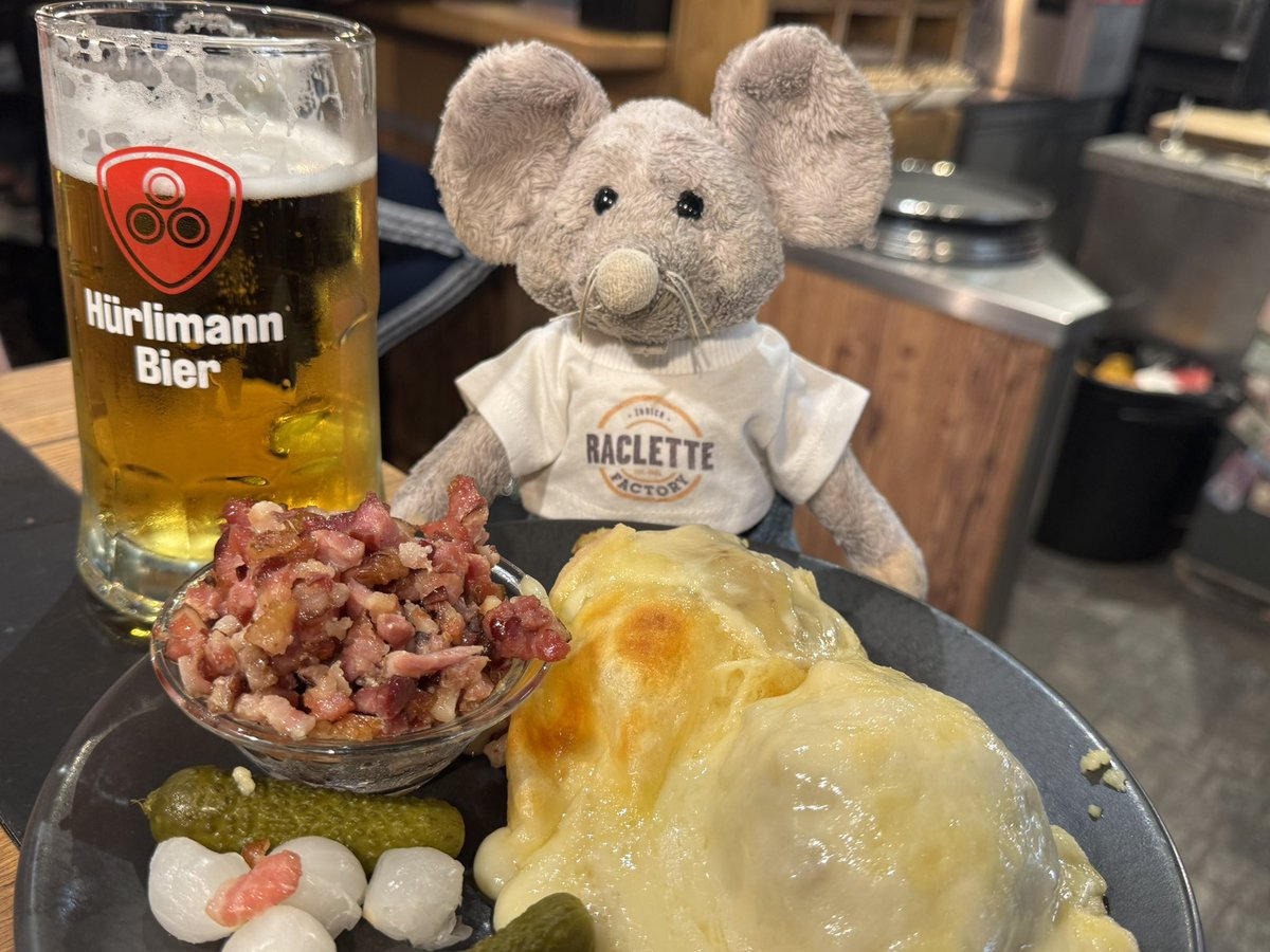 Nothing beats a good raclette! 

I’m starting with a 2 cheese combo (natural and garlic) on a bed of mashed potato with diced bacon. All washed down with a local beer. 

Highly recommended