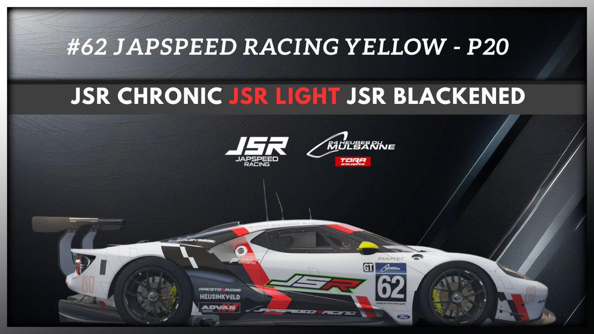 #62 Japspeed Racing Yellow starting P20 in GT

<a href="/JSR_Light/">Alex</a> 🇺🇸
<a href="/JSR_Chronic/">JSR Chronic</a> 🇨🇦
<a href="/JSR_Blackened/">Austin Couturier</a> 🇺🇸

🎨 by <a href="/GS6855/">JSR GrandSean</a>