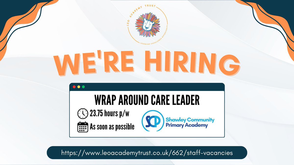 LEO Academy Trust (@leoacademies) on Twitter photo 📢 We're hiring for our LEO Wrap Around Care Team!
🔶 Wrap Around Care Leader <a href="/cheamparkfarm/">Cheam Park Farm</a>
🔶 Wrap Around Care Leader <a href="/ShawleyPrimary/">Shawley Community Primary Academy</a>
🔶 Wrap Around Care Playworker <a href="/WestAshtead/">West Ashtead Primary</a>
Find out more information on our website.
👉 leoacademytrust.co.uk/662/staff-vaca…
#WeAreLEO 🦁 📢 We're hiring for our LEO Wrap Around Care Team!
🔶 Wrap Around Care Leader <a href="/cheamparkfarm/">Cheam Park Farm</a>
🔶 Wrap Around Care Leader <a href="/ShawleyPrimary/">Shawley Community Primary Academy</a>
🔶 Wrap Around Care Playworker <a href="/WestAshtead/">West Ashtead Primary</a>
Find out more information on our website.
👉 leoacademytrust.co.uk/662/staff-vaca…
#WeAreLEO 🦁