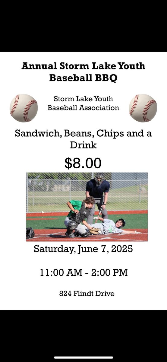 Full day of baseball ahead at Tornado Field! Stop by the Little League BBQ in between games ⚾️

10:00 vs. Sioux Center
2:00 vs. Woodbury Central