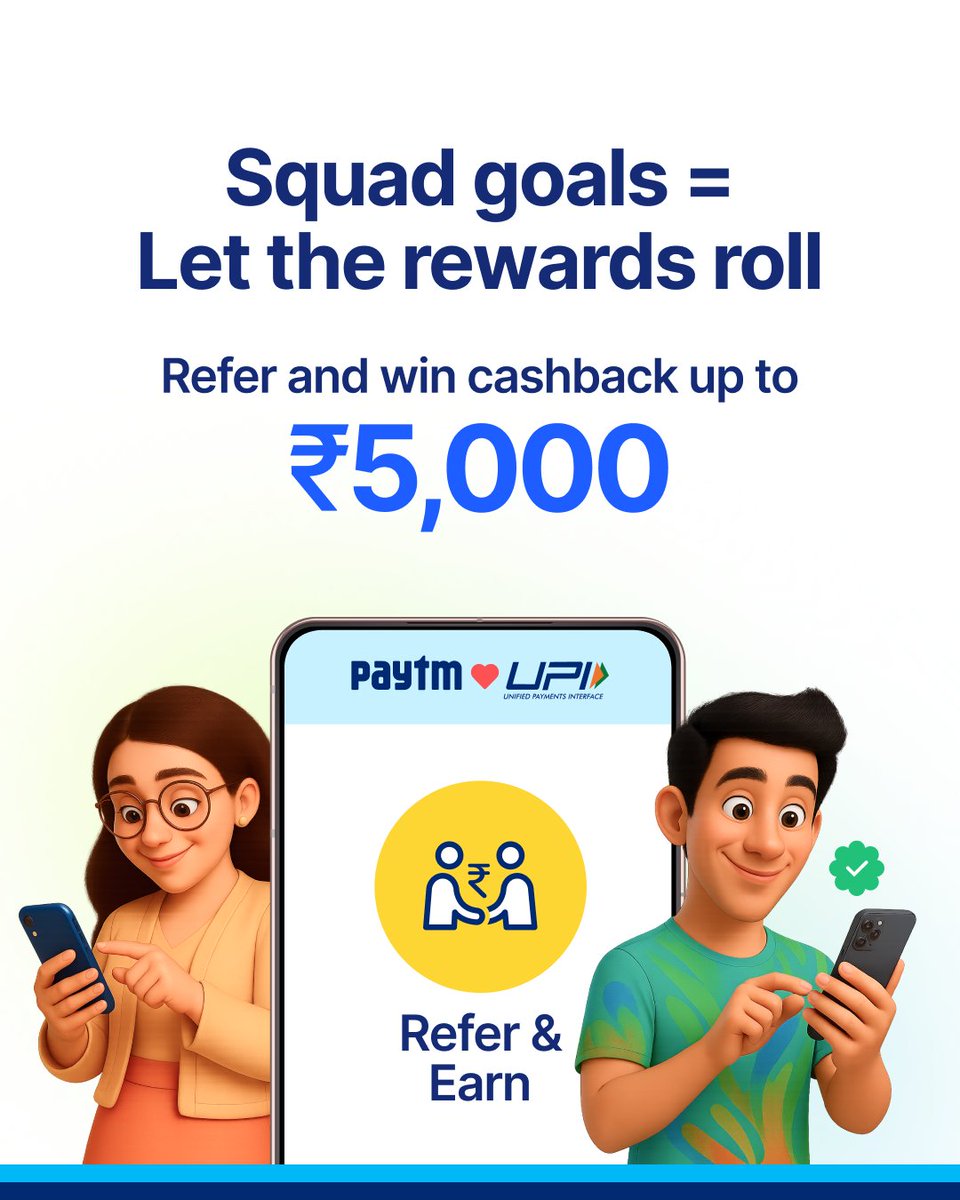 Refer your friend on the Paytm app and win up to ₹5,000 in just 4 easy steps 😉💸

1️⃣ Open the Paytm app
2️⃣ Tap ‘Refer &amp; Earn’ at the bottom
3️⃣ Share your link via WhatsApp or SMS
4️⃣ Friend signs up and makes a payment within 7 days

And, you're all set✅Start referring now: