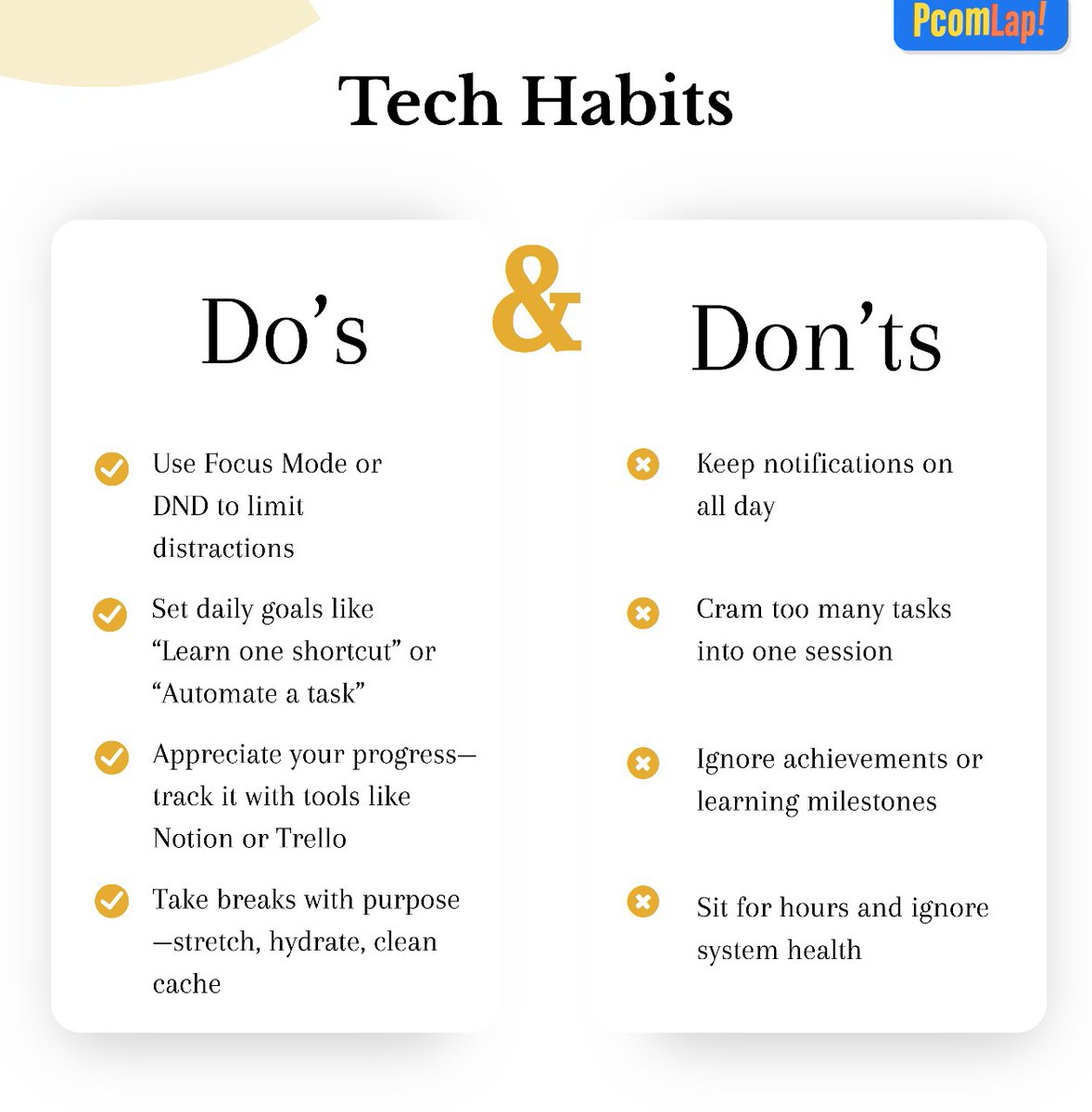 PComLap's tweet image. ⚡ Tech Habits to Boost Your Game 💻
✅ Focus mode ON
✅ Track progress
✅ Take mindful breaks
❌ Endless notifications
❌ Ignoring wins
❌ Sitting all day

🔁 Save this and upgrade your digital life!
#TechHabits #PcomLap #DigitalWellness