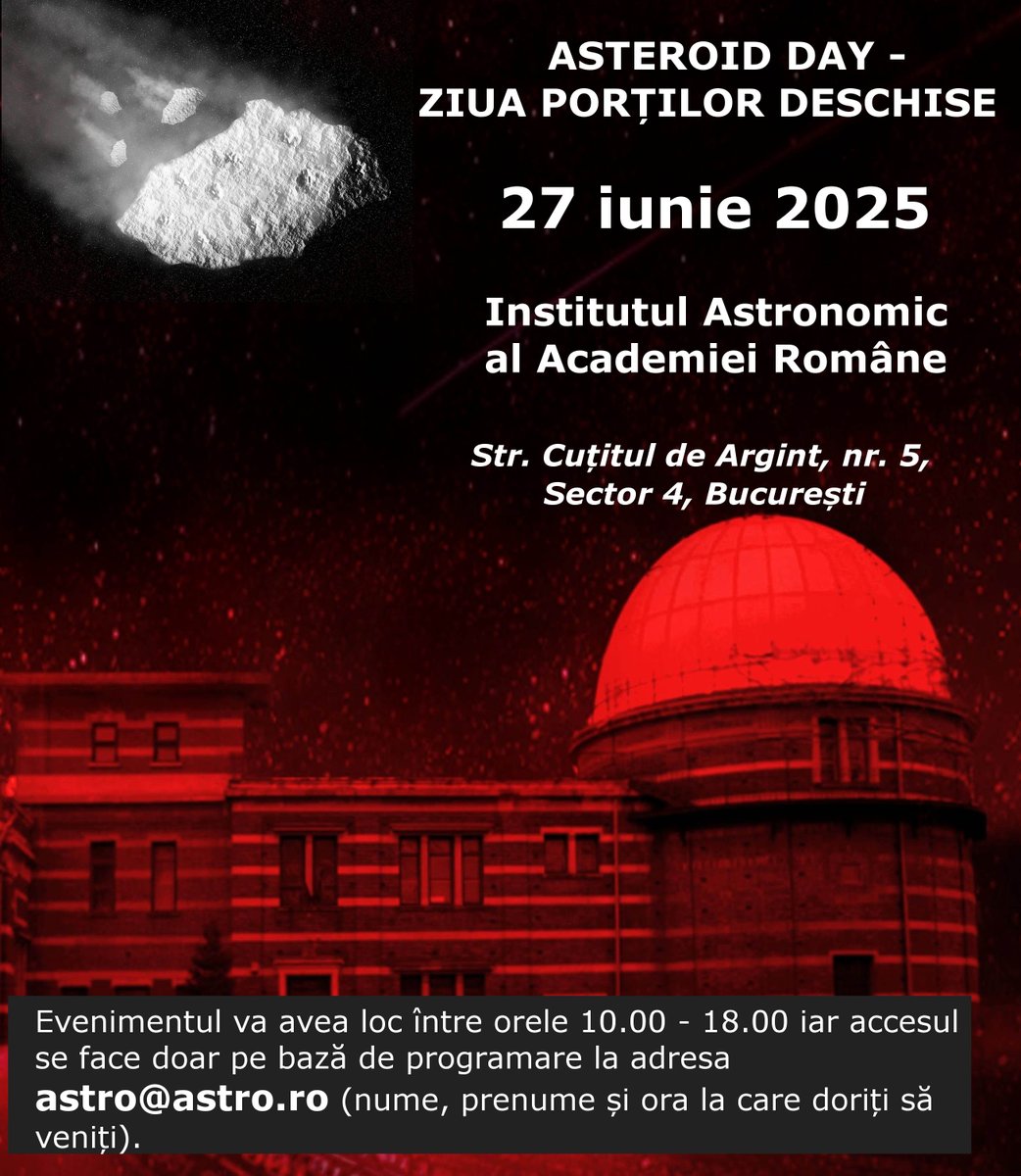 Astronomical Institute of the Romanian Academy (@astro_romania) on Twitter photo 📢<a href="/Astro_Romania/">Astronomical Institute of the Romanian Academy</a> vă invită la:
𝐀𝐒𝐓𝐄𝐑𝐎𝐈𝐃 𝐃𝐀𝐘
ZIUA PORȚILOR DESCHISE
📅27 IUNIE 2025: 10.00 - 18.00
👉Accesul publicului se va face gratuit și doar pe bază de⚠️programare la adresa de email:
📨astro@astro.ro 📢<a href="/Astro_Romania/">Astronomical Institute of the Romanian Academy</a> vă invită la:
𝐀𝐒𝐓𝐄𝐑𝐎𝐈𝐃 𝐃𝐀𝐘
ZIUA PORȚILOR DESCHISE
📅27 IUNIE 2025: 10.00 - 18.00
👉Accesul publicului se va face gratuit și doar pe bază de⚠️programare la adresa de email:
📨astro@astro.ro