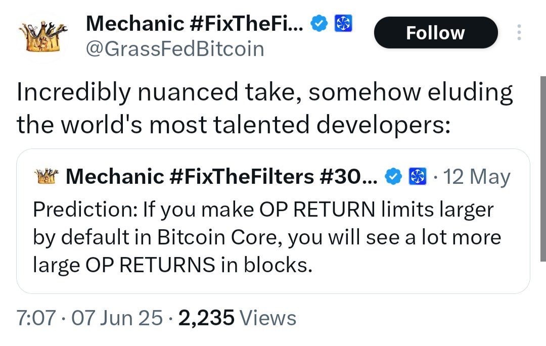 Peter Todd (@peterktodd) on Twitter photo The whole point of removing the OP_Return limits is to encourage projects like Citrea who are publishing data in the UTXO set to publish data via OP_Returns instead.
We're expecting it to be used.
<a href="/GrassFedBitcoin/">Mechanic #FixTheFilters #300kb</a> knows this, and is just lying to you to advertise OCEAN. The whole point of removing the OP_Return limits is to encourage projects like Citrea who are publishing data in the UTXO set to publish data via OP_Returns instead.
We're expecting it to be used.
<a href="/GrassFedBitcoin/">Mechanic #FixTheFilters #300kb</a> knows this, and is just lying to you to advertise OCEAN.