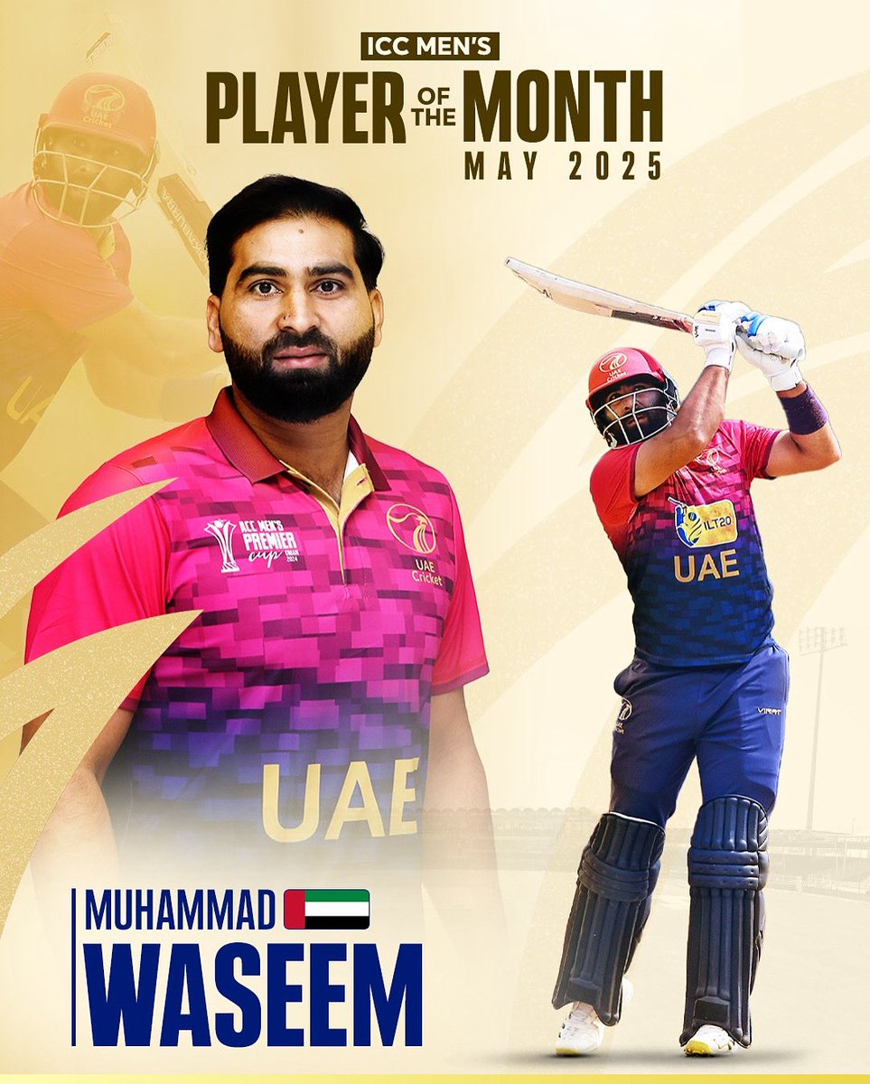 International League T20 (@ilt20official) on Twitter photo Leading from the front! π«‘
Massive congratulations to UAEβs captain courageous Muhammad Waseem, who adds another πͺΆ to his decorated cap, now named <a href="/ICC/">ICC</a> Player of the Month, May 2025! This is the second #POTM award for the UAE T20I captain ππ
Hereβs to many more EPIC wins! π Leading from the front! π«‘
Massive congratulations to UAEβs captain courageous Muhammad Waseem, who adds another πͺΆ to his decorated cap, now named <a href="/ICC/">ICC</a> Player of the Month, May 2025! This is the second #POTM award for the UAE T20I captain ππ
Hereβs to many more EPIC wins! π