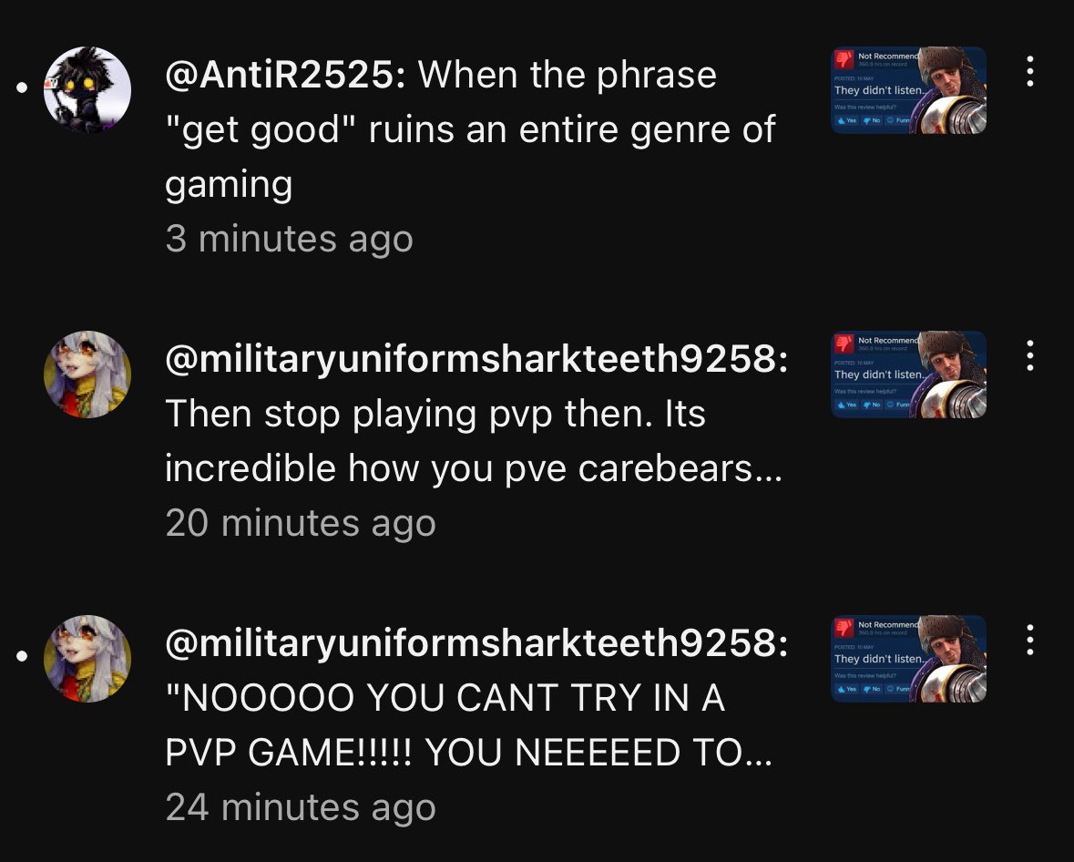 This is in no way to shame comments but the divide between opinions is wild on this one. Nobody should expect to be good at a game, that’s a stupid mindset, however you also can’t expect a game to survive on the hardcore pvp get good mentality. There needs to be a middle ground