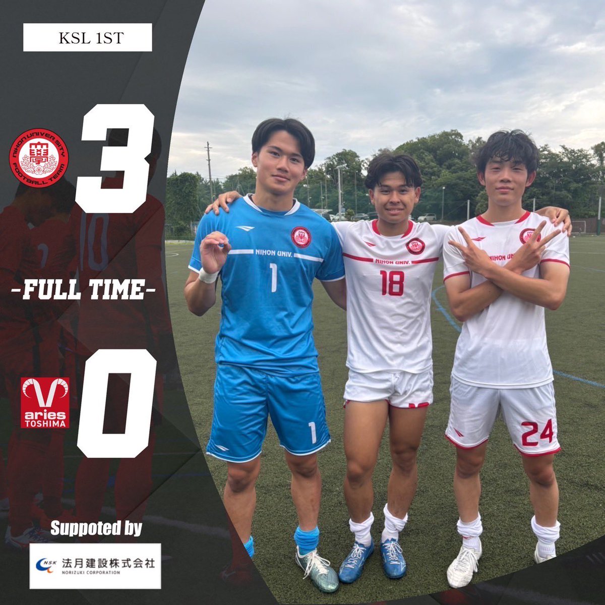 nu_soccer's tweet photo. 第59回関東サッカーリーグ１部　第7節
🆚エリース豊島FC
⚽️糸井×2、小沼

前半から勢いに乗った日大は、前線からのプレスで主導権を握る。すると、18.小沼のクロスから24.糸井がヘディングで決めて先制🔥さらに18.小沼がゴール前の崩しから豪快なシュートを決め2-0とし、前半を折り返す‼️
後半も勢いに乗る日大は相手陣地でゲームを進める。すると、24.糸井が相手のビルドアップのミスを突き、3-0に‼️その後、攻め込まれる展開が続くも15.齊藤を中心に集中したディフェンスで無失点に抑え、3-0で勝利となりました🔥🔥

SNSを通して応援して頂いた皆さんありがとうございました！ 

 #日本大学
 #日本大学サッカー部
 #大学サッカー