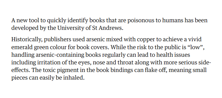 Tool to identify poisonous books developed by University of St Andrews theguardian.com/books/2025/jun…

Poisonous books – Dangers from the past …rsity-collections.wp.st-andrews.ac.uk/2025/02/24/poi…

#bookbinding #poisonbooks #emeraldgreen
