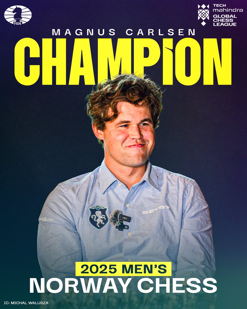 Tech Mahindra Global Chess League (@gcllive) on Twitter photo The crown stays sharp, and Magnus Carlsen wears it well ๐
Congratulations to the 2025 Norway Chess Champion! ๐โ
#TheNextMove #TechMGCL
<a href="/FIDE_chess/">International Chess Federation</a> | <a href="/MagnusCarlsen/">Magnus Carlsen</a> The crown stays sharp, and Magnus Carlsen wears it well ๐
Congratulations to the 2025 Norway Chess Champion! ๐โ
#TheNextMove #TechMGCL
<a href="/FIDE_chess/">International Chess Federation</a> | <a href="/MagnusCarlsen/">Magnus Carlsen</a>