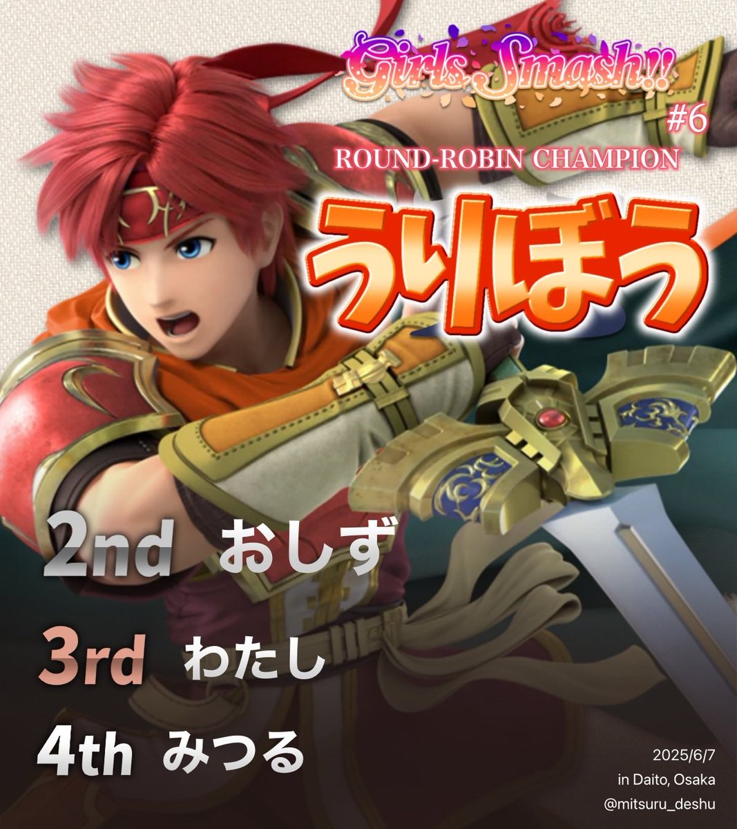 SmashGirls333's tweet photo. 第6回GIRLS SMASH!!総当り合戦優勝者はうりぼう選手(@wrywry_WRYBOW )です！
おめでとうございます🎊 https://t.co/pcvLUPv84I