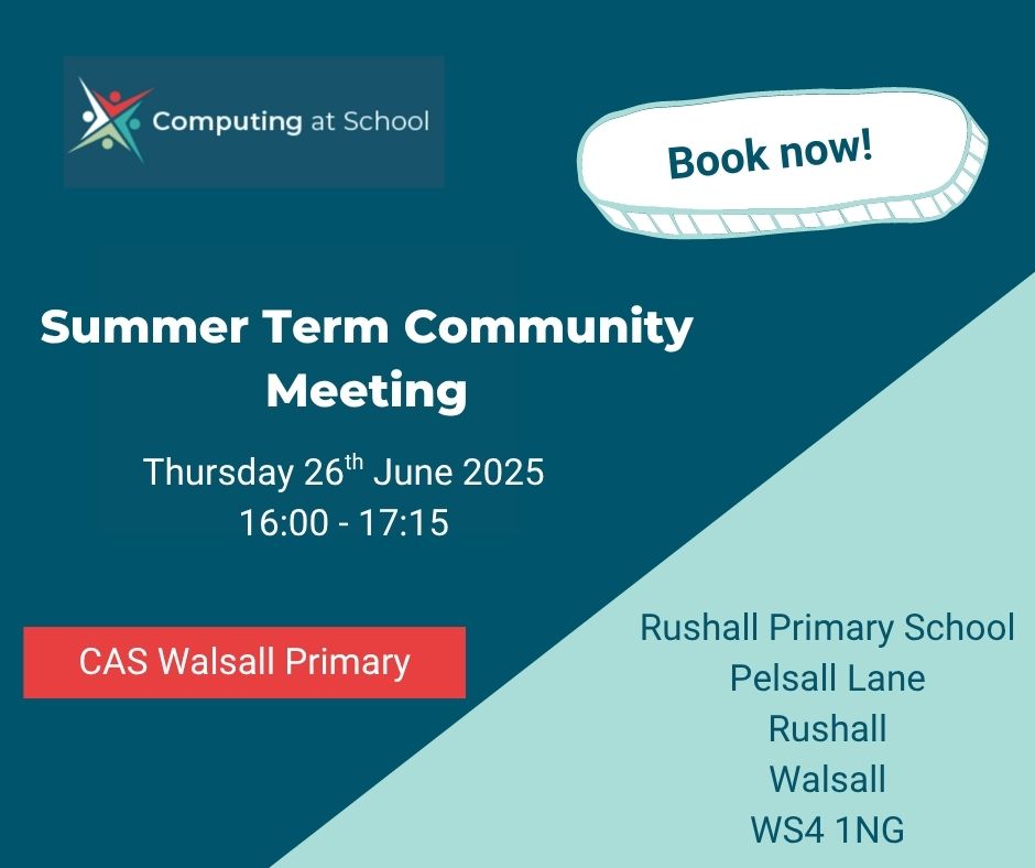 Our Summer Term meeting will be held on Thursday 26th June.  We will focus on Primary to Secondary transition along with discussing AI use.  Book Now - computingatschool.org.uk/events/2025/ju… #caschat #computing