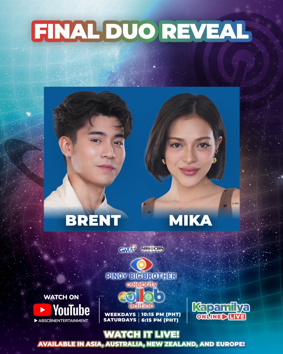 ABSCBN's tweet photo. The 4th FINAL DUO, Brent and Mika! 🥳

Tutok na sa #PBBCollabFinalDuoDay3 sa #KapamilyaOnlineLive!

#PBBCelebrityCollabEdition https://t.co/IF3WpBIRN3