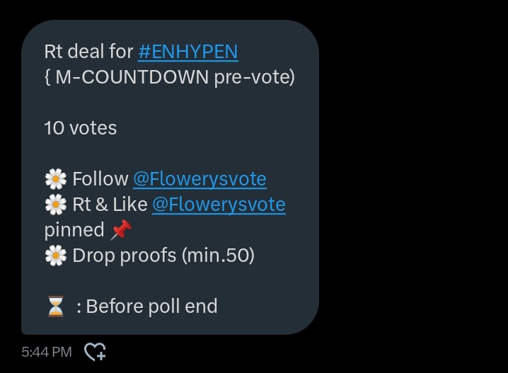 blumyjay's tweet image. Rt deal for #ENHYPEN  { M-COUNTDOWN pre-vote)

10 votes

🌼 Follow @Flowerysvote 
🌼 Rt &amp;amp; Like @Flowerysvote  pinned 📌 
🌼 Drop proofs (min.50)

⏳  : Before poll end