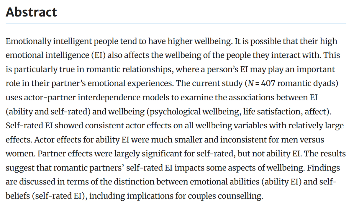 SarahAWalker's tweet image. New paper out!

Our research, led by @kitdouble shows that self-rated emotional intelligence is linked to higher wellbeing in both partners (small partner effects). Implications discussed in the paper!

W/ @caro_maccann @arte_pinkus @hester_xh 

 link.springer.com/article/10.100…