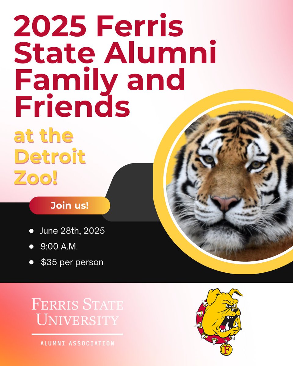 FerrisAlumni's tweet image. Join Ferris State at the Detroit Zoo! ❤️ 🐾
Spend June 28 with fellow Bulldogs, enjoy a buffet lunch, and explore 2,000+ animals. 
Don’t miss out—save your spot today!
🔗 ferris.edu/alumni
#FERR1S #FerrisForward #BulldogForLife