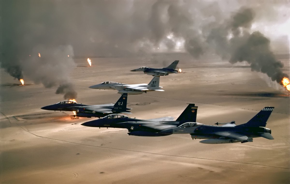 pilotphotog's tweet image. Probably one of the most famous pictures of Desert Storm - so much going on in this photo