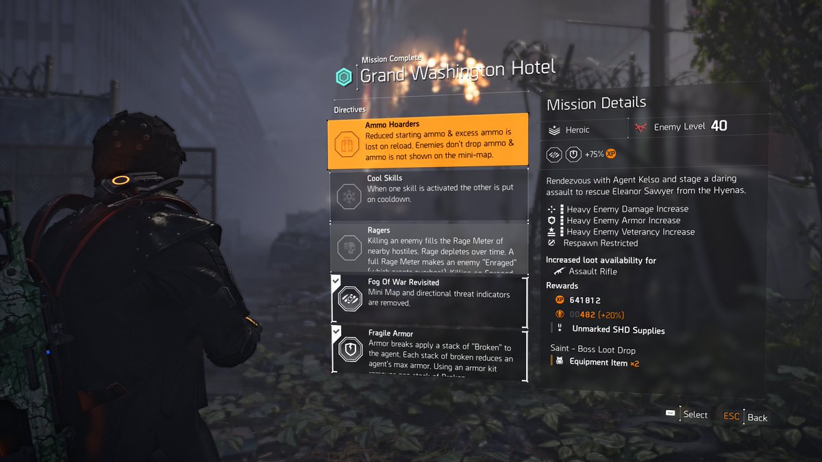 Dechande666's tweet photo. @UbisoftSupport Sorry having another issue with Division 2, this time with directives. I set Grand Washington Heroic with fragile armour and fog of war, but ended up with pistolero as well which isnt one of this seasons directives. See screen shots https://t.co/sMIoY8h9S9