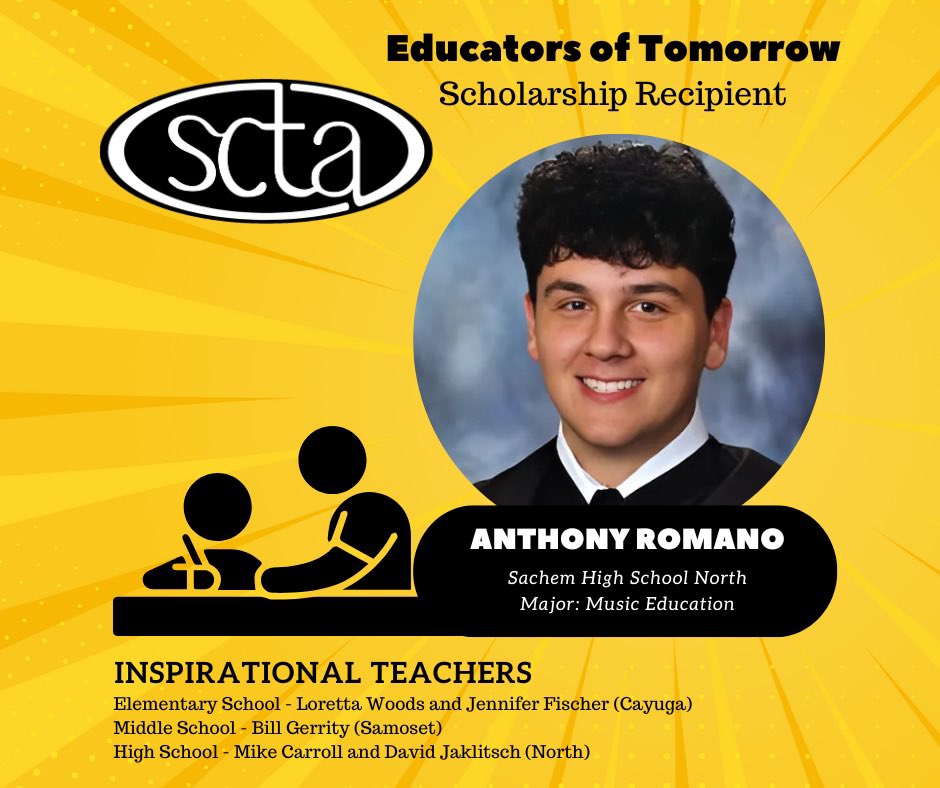 🎉Best wishes to Anthony Romano, North HS senior and SCTA ‘Educators of Tomorrow’ scholarship winner.  Anthony plans to pursue Music Education in college this fall.  Congratulations! 💫🎓🎊#EducatorOfTomorrow #FutureTeachers #SCTA