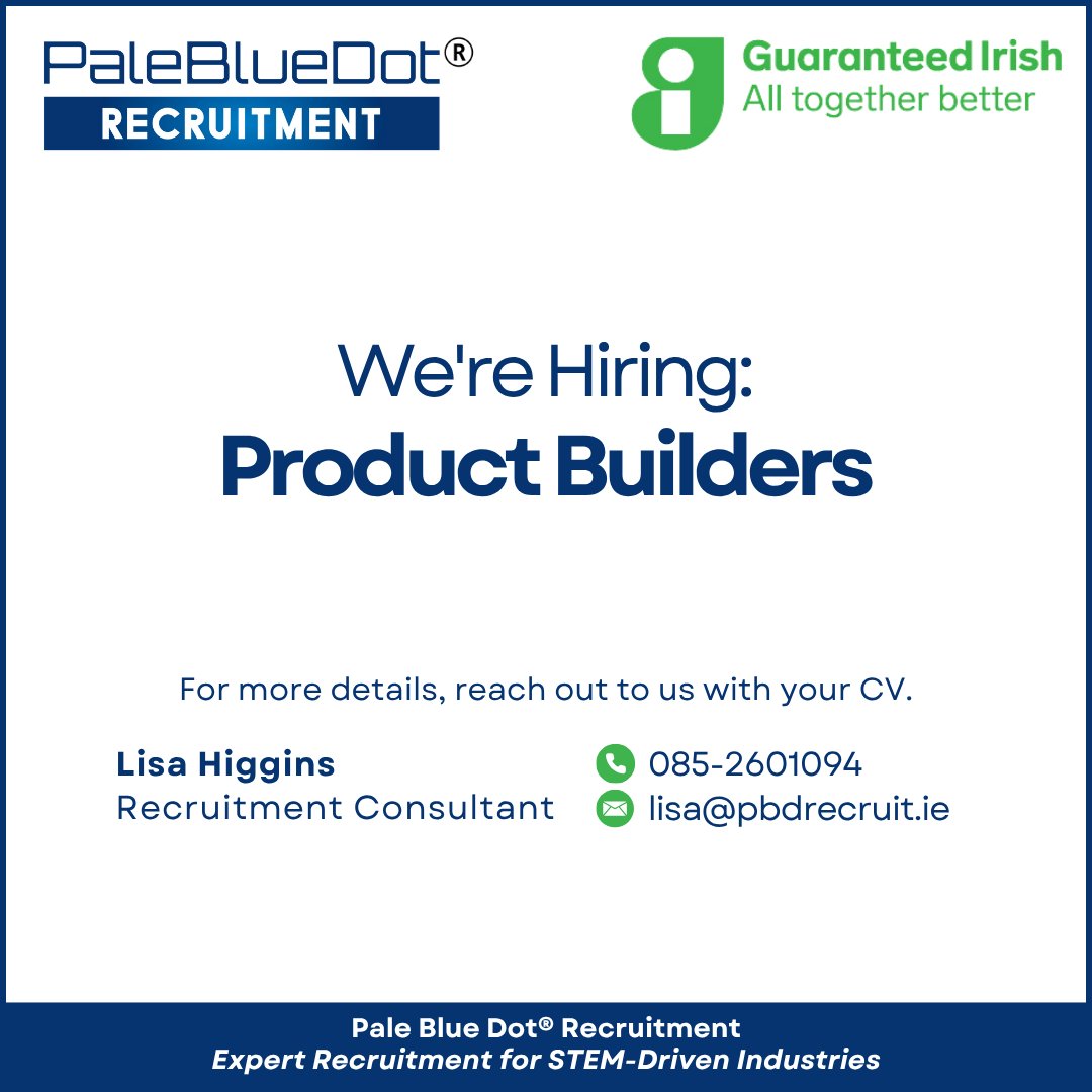 Our client, a leading Medtech company in Leitrim, are seeking a Product Builders to join their team. 

Contact Lisa or visit pbdrecruit.ie/explorejobs/#j…
for all the details
#PaleBlueDotRecruitment