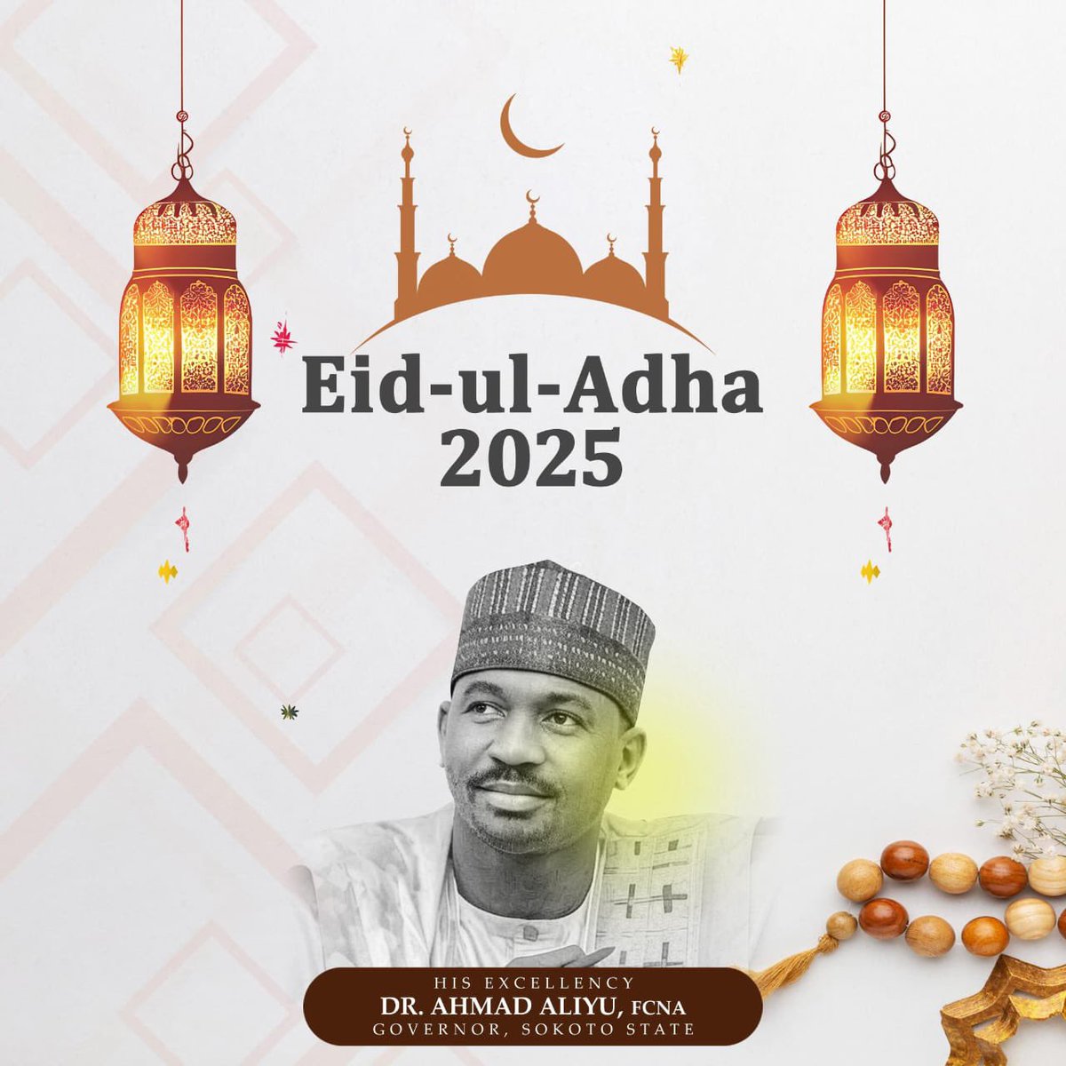 As we celebrate Eid-ul-Adha, I extend my heartfelt greetings to the good people of Sokoto State and all Muslims across the world.

May this season of sacrifice renew our faith, strengthen our unity, and bring peace and prosperity to our communities.

#Eid Mubarak.- AAS