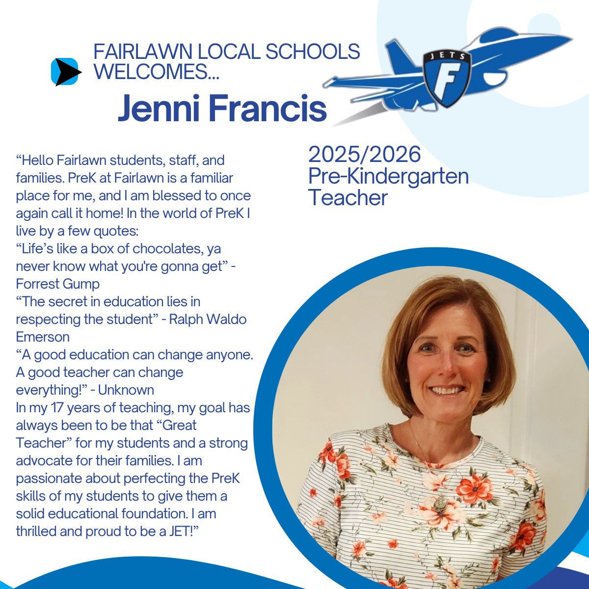 Welcome, Jenni! We are excited to have you leading the way for our littles. 🍎✈️
Go Jets!