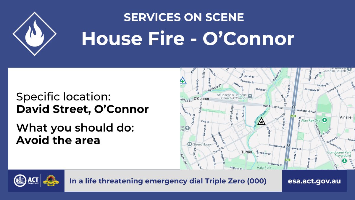House Fire - O'Connor

There is a house fire on David Street in O'Connor.
 
Significant smoke is present in the area.

The community is asked to avoid the area.

esa.act.gov.au/node/6369