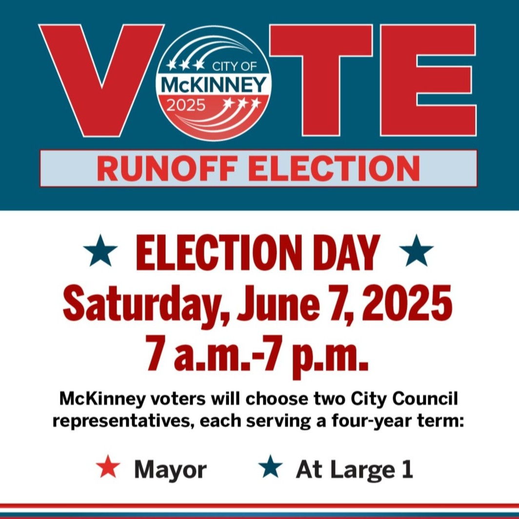 It's Election Day! McKinney residents will vote on two City Council seats. Positions open for consideration include the Mayor and one At-Large seat, each serving a four-year term. 

For voting information, voting hours, and polling locations, visit McKinneyTexas.org/Vote