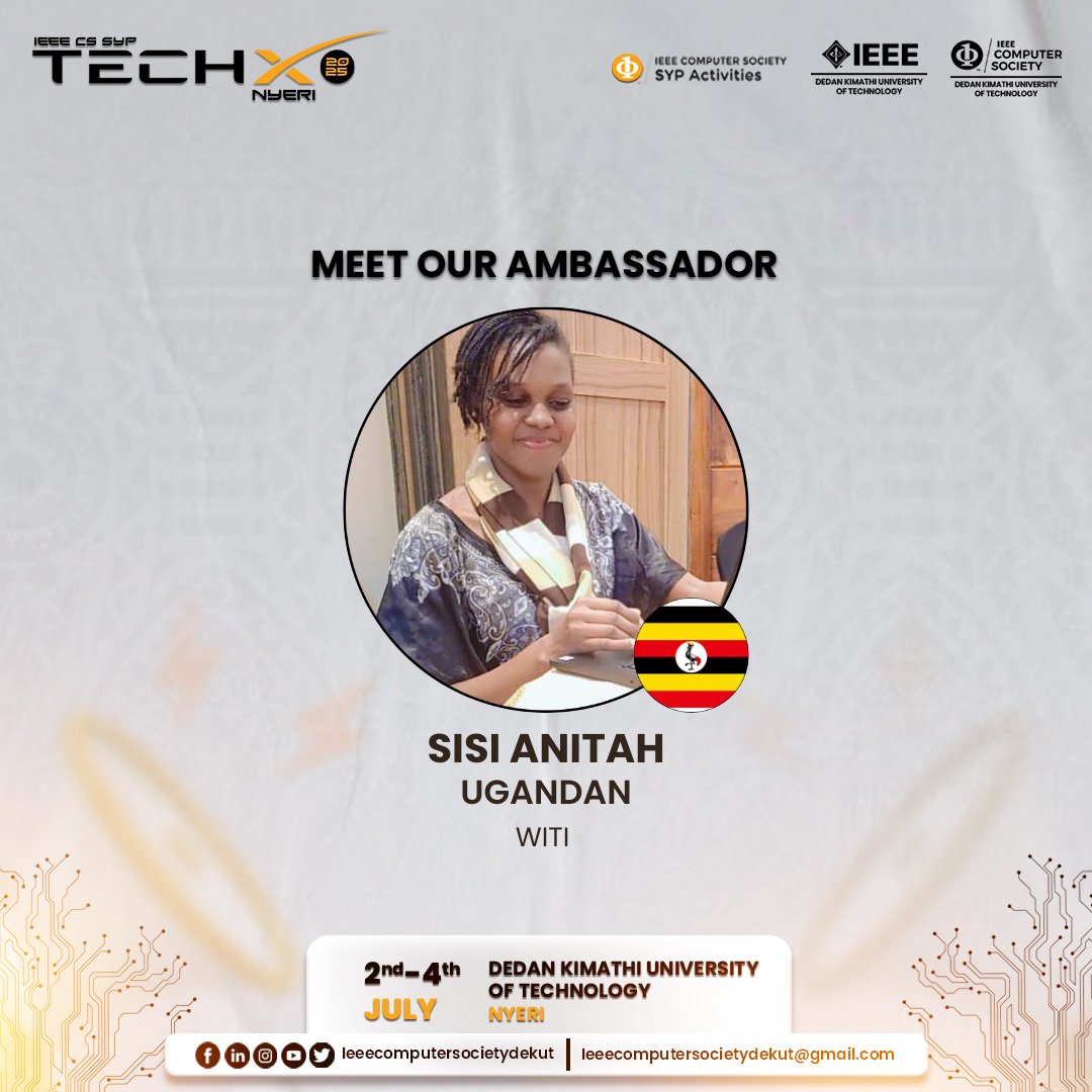 AnitaSisi1's tweet photo. As a student at the Women's Institute of Technology and Innovation in Uganda ๐บ๐ฌ TechX Ambassador with the IEEE Computer Society Professionals (SYP) group
#IEEE Computer Society SYP TechX
#IEEE Computer Society DEKUT
#IEEE PES KENYA
#cstechx
#cssyp
#ieeecs
#techxnyeri https://t.co/aDHxNkK4PW