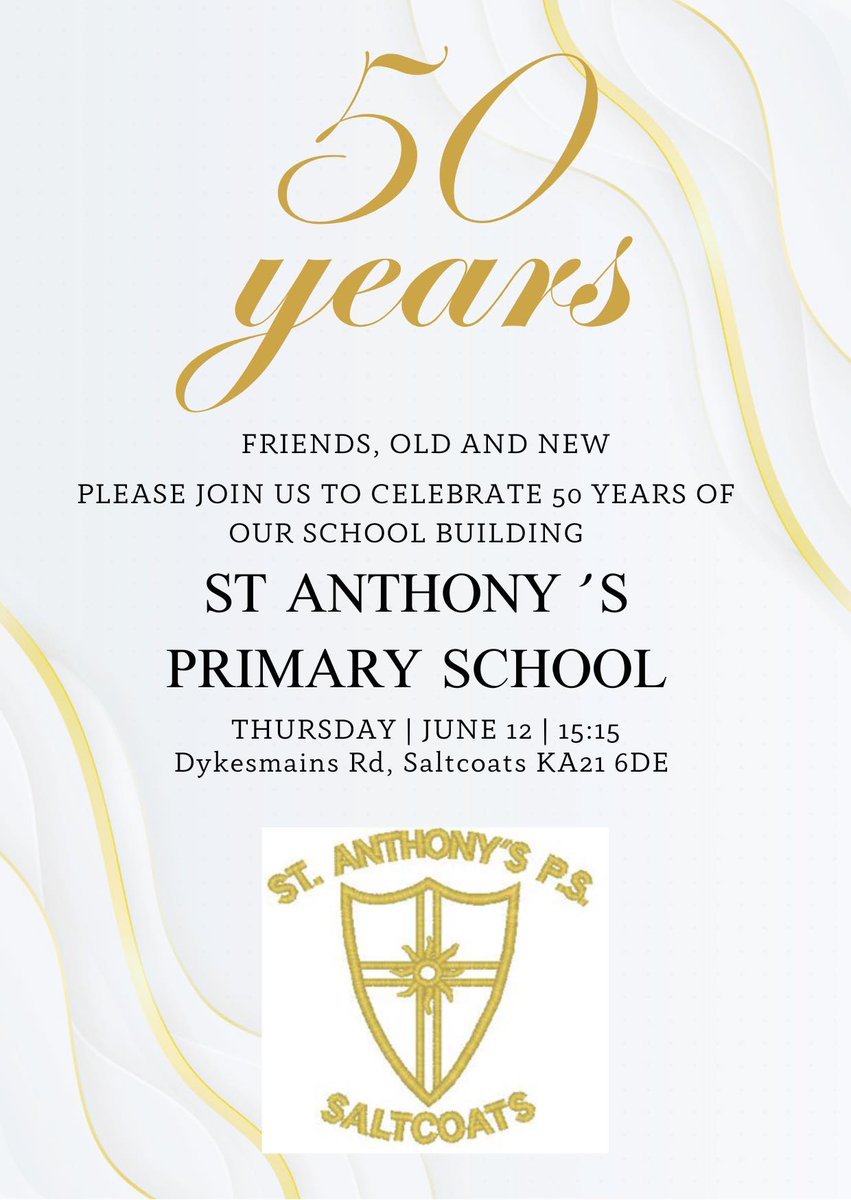 St Mary's, Saltcoats/St John's, Stevenston (@stmarysstjohns) on Twitter photo Come celebrate 50 years of St Anthony's Primary School on Thursday 12th June at 3:15pm!
<a href="/SaintAnthonysPS/">StAnthonysPS</a> Come celebrate 50 years of St Anthony's Primary School on Thursday 12th June at 3:15pm!
<a href="/SaintAnthonysPS/">StAnthonysPS</a>