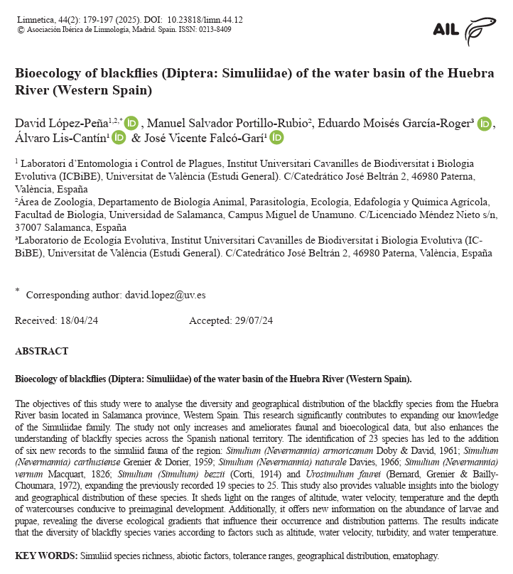 DavidLPSimuliid's tweet photo. 🗣️The official publication of the article "Bioecology of #blackflies (Diptera: #Simuliidae) of the water basin of the Huebra River (Western #Spain)" is here with volume and pagination [44(2): 179-197. DOI: 10.23818/limn.44.12]📰. Get more here💻: https://t.co/TuKqUlEoUT https://t.co/IxRdqfvwa1