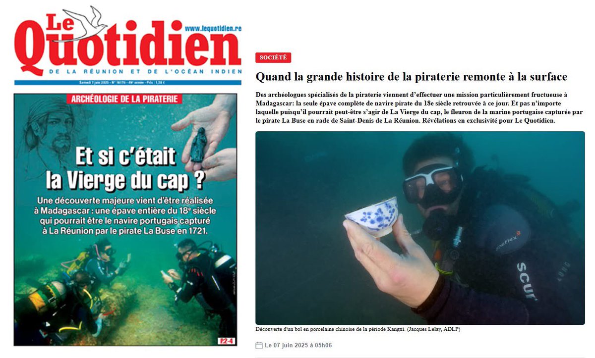 Jean Soulat (@jean_soulat) on Twitter photo Nos recherches <a href="/de_piraterie/">Archéologie de la Piraterie des XVIIe-XVIIIe s</a> sont mises à l’honneur dans <a href="/lequotidien/">Le Quotidien</a> ! La découverte de l’épave pirate la plus complète au monde avec d’incroyables trouvailles <a href="/Universite_Caen/">Université de Caen Normandie</a> <a href="/SorbonneParis1/">Université Paris 1 Panthéon-Sorbonne</a> <a href="/CNRS/">CNRS 🌍</a> <a href="/MinistereCC/">Ministère de la Culture 🇫🇷</a> <a href="/Inrap/">Inrap</a> <a href="/Drassm_Culture/">DRASSM</a>
lequotidien.re/article/societ… Nos recherches <a href="/de_piraterie/">Archéologie de la Piraterie des XVIIe-XVIIIe s</a> sont mises à l’honneur dans <a href="/lequotidien/">Le Quotidien</a> ! La découverte de l’épave pirate la plus complète au monde avec d’incroyables trouvailles <a href="/Universite_Caen/">Université de Caen Normandie</a> <a href="/SorbonneParis1/">Université Paris 1 Panthéon-Sorbonne</a> <a href="/CNRS/">CNRS 🌍</a> <a href="/MinistereCC/">Ministère de la Culture 🇫🇷</a> <a href="/Inrap/">Inrap</a> <a href="/Drassm_Culture/">DRASSM</a>
lequotidien.re/article/societ…
