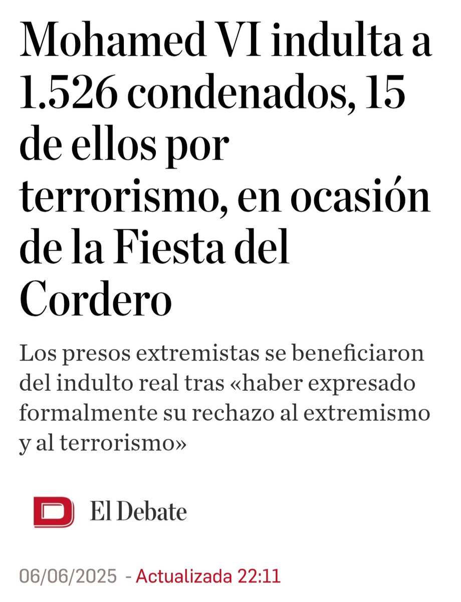 El rei del Marroc indulta a 1.526 condemnats (15 d'ells per terrorisme") amb la condició que abandonin el país. Aquesta escòria demà passat la tindrem als nostres barris, robant, delinquint i preparant un atemptat terrorista islàmic tot amb el vist-i-plau de la majoria de partits