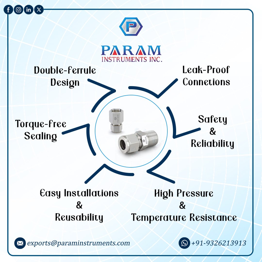 Param Instruments Inc. (@param_inc_) on Twitter photo PARAM compression tube fittings are double ferrule type fittings that provide leakproof, torque-free seals at the tubing connection.
Email : exports@paraminstruments.com
WhatsApp : +91 9326213913
#Industrial #Instrumentation #TubeFittings #Steel #FerruleFittings #MadeInIndia PARAM compression tube fittings are double ferrule type fittings that provide leakproof, torque-free seals at the tubing connection.
Email : exports@paraminstruments.com
WhatsApp : +91 9326213913
#Industrial #Instrumentation #TubeFittings #Steel #FerruleFittings #MadeInIndia
