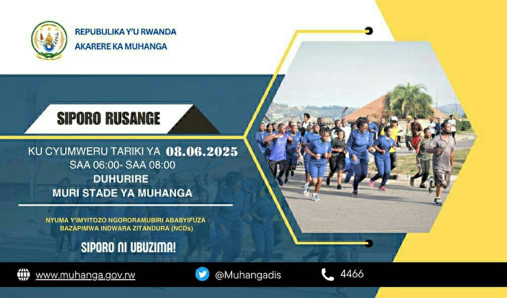 MUHANGA District (@muhangadis) on Twitter photo #Siporo_Rusange: Wowe utuye cyangwa watembereye i <a href="/Muhangadis/">MUHANGA District</a>, ntuzacikwe na #Siporo_rusange iteganyijwe kuri iki cyumweru tariki ya 08/06/2025 guhera Saa 06h00-08h00 za mu gitondo.
#Siporo_ni_Ubuzima #Siporo_Rusange: Wowe utuye cyangwa watembereye i <a href="/Muhangadis/">MUHANGA District</a>, ntuzacikwe na #Siporo_rusange iteganyijwe kuri iki cyumweru tariki ya 08/06/2025 guhera Saa 06h00-08h00 za mu gitondo.
#Siporo_ni_Ubuzima