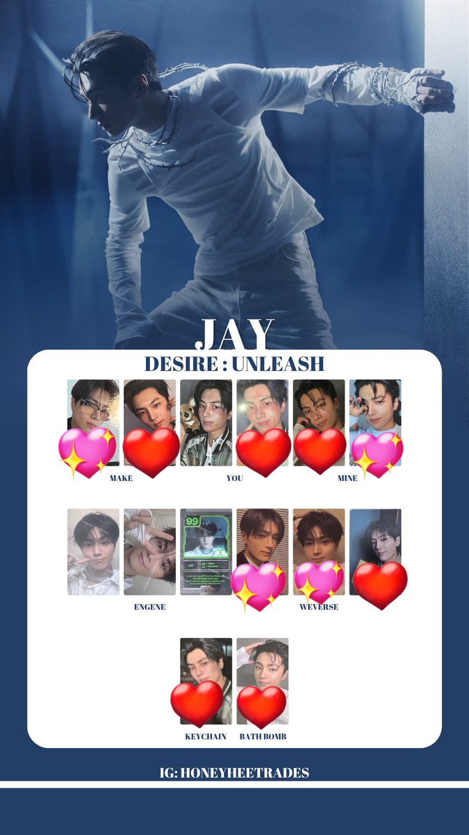 enxlv_'s tweet photo. ENHYPEN DESIRE : UNLEASHトレカ 交換

譲）1枚目ヒスン

求）2枚目ヒスン💖＞❤️
3枚目ジェイ💖＞❤️

異種交換となりますので難しいとは思いますが、お心当たりがある方がいらっしゃいましたらお気軽にDM、リプライよろしくお願いいたします。 https://t.co/U4mENCAltm