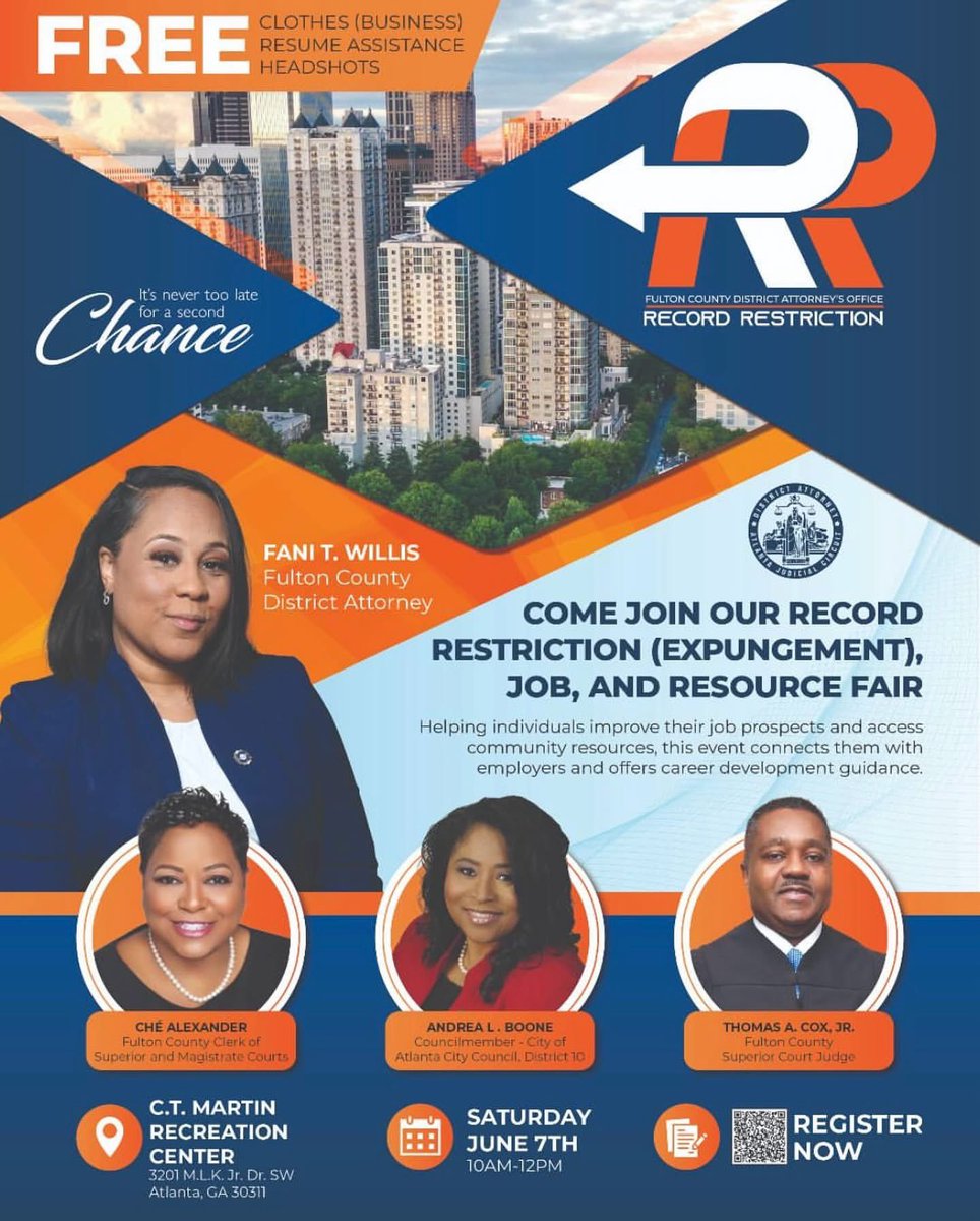 It’s never too late for a second chance. 🌟
Join us Saturday, June 7, for a Record Restriction, Job, and Resource Fair hosted by the Fulton County District Attorney’s Office at C.T. Martin Recreation Center.
From expungement assistance to resume help, this event is all about