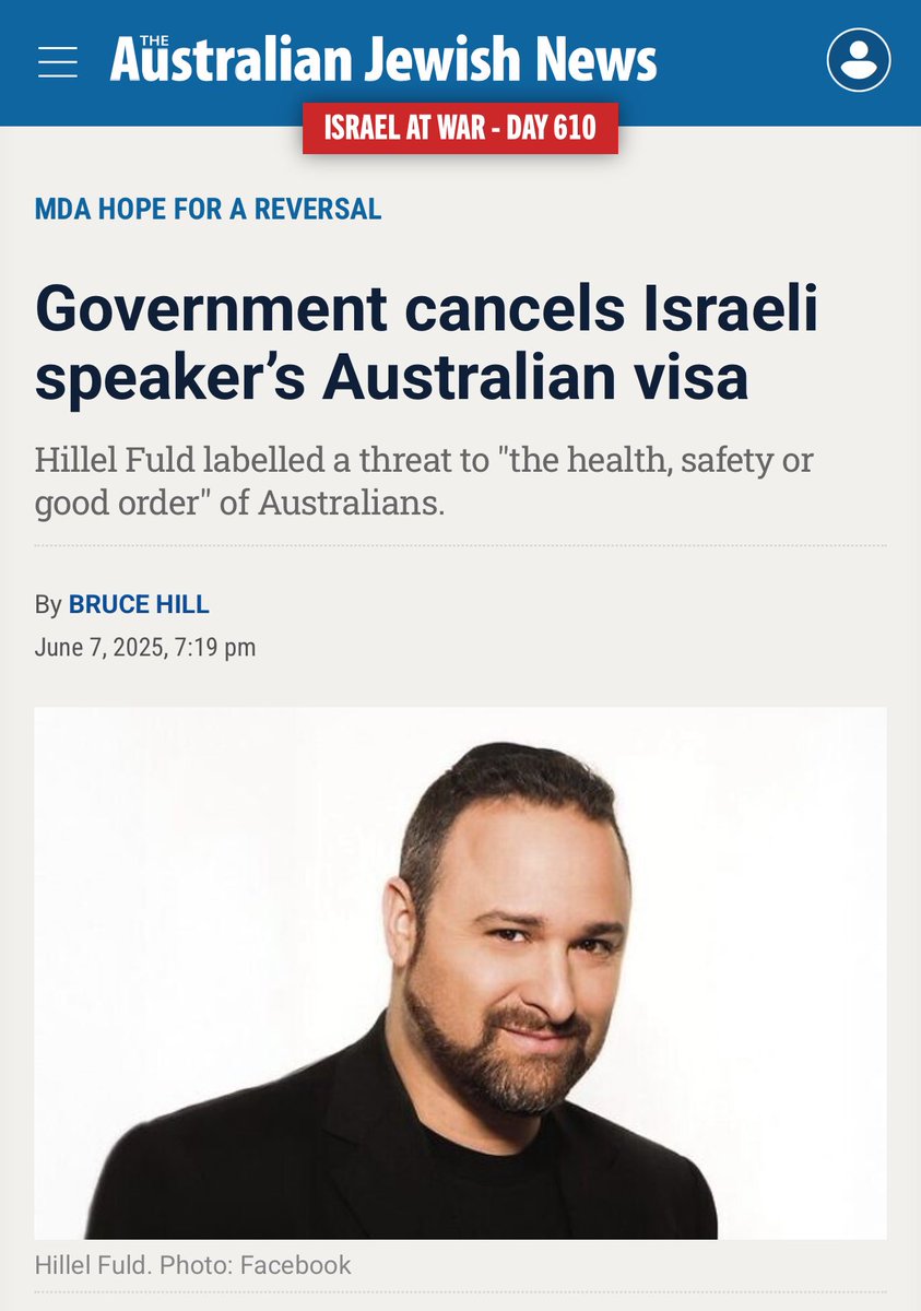 Arsen Ostrovsky 🎗️ (@ostrov_a) on Twitter photo What is happening Australia?
The government just cancelled visa of activist and entrepreneur <a href="/HilzFuld/">Hillel Fuld</a>. He was set to speak to Magen David Adom group, to raise support for Israel’s leading first responder team.
To suggest he is a “threat” of any kind is preposterous!
Not long What is happening Australia?
The government just cancelled visa of activist and entrepreneur <a href="/HilzFuld/">Hillel Fuld</a>. He was set to speak to Magen David Adom group, to raise support for Israel’s leading first responder team.
To suggest he is a “threat” of any kind is preposterous!
Not long