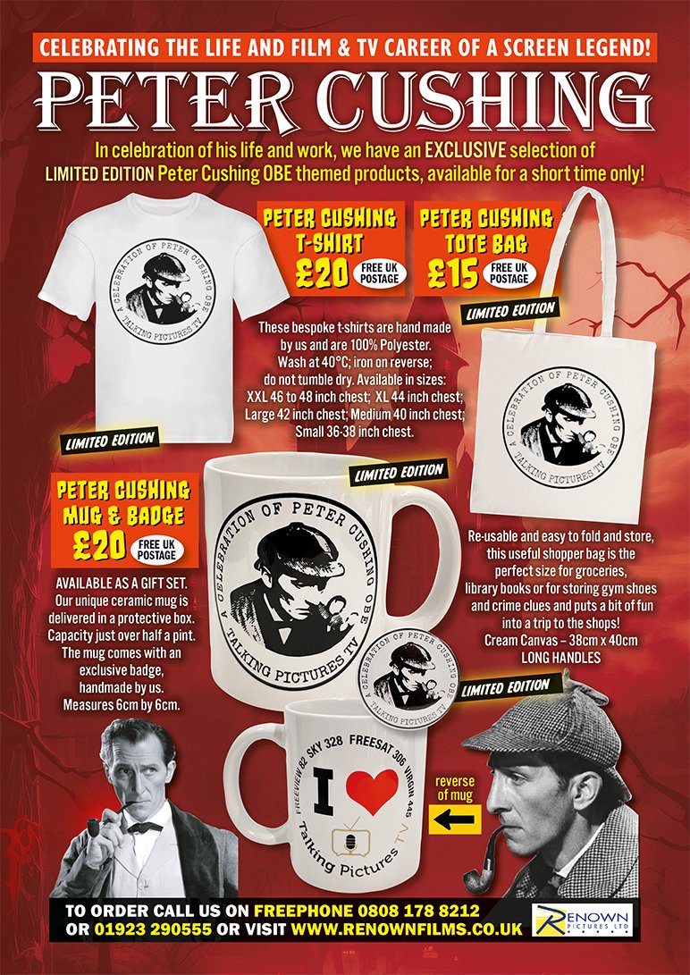 Fans of #PeterCushingOBE will love our EXCLUSIVE, Ltd Edition merchandise including Sherlock Tote Bag, featuring Peter in his portrayal of Holmes. The canvas bag measures 38cm x 40cm.
How do you order? Elementary... call 0808 178 8212 or online here: renownfilms.co.uk/product/exclus…