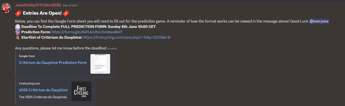 🚴We are running a prediction game for the #Dauphiné2025 on our Discord!

🔗 Join us for a chance to win the game: discord.gg/bKz7CU2gWu
