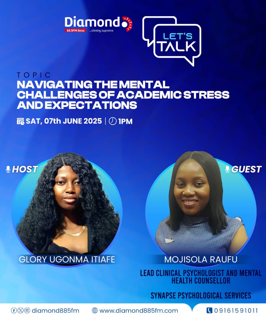 TheGlory01's tweet photo. Join me and my guest expert today on Let's Talk as we unpack the psychological impact of exam stress and academic expectations in the lives of students in relation to the aftermath of the 2025 Jamb examinations.

Today at 1 PM 📻 

#letsTalk 
#Jamb2025
#mentalhealthforstudents https://t.co/wi9qBB9Cbn