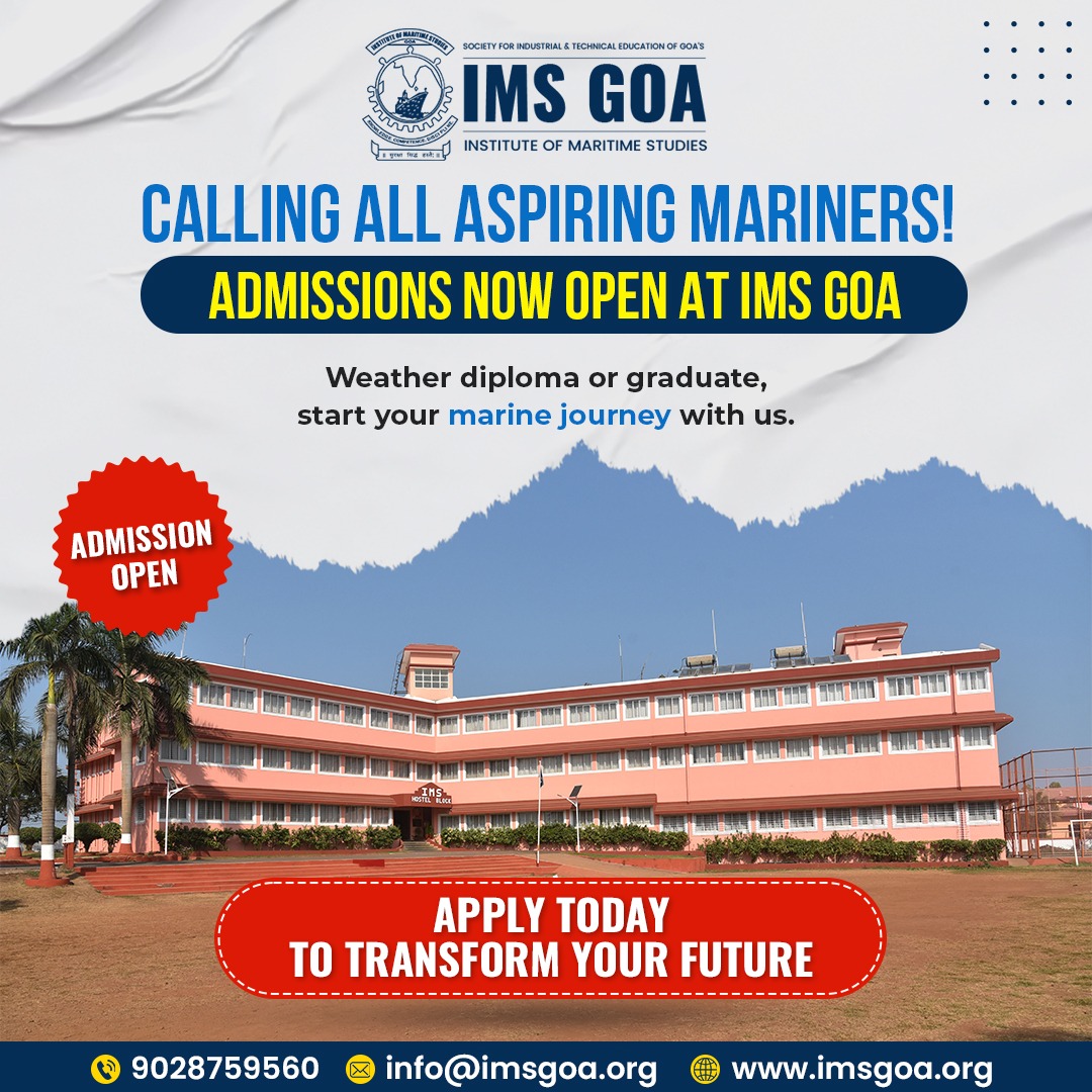 IMS_Goa's tweet image. 🌊 Dreaming of a career at sea?
Set sail on your maritime journey with IMS Goa – Institute of Maritime Studies! ⚓
🎓 Whether you're a diploma holder or a graduate, we’ve got the course to launch your future.

#IMSGOA #MaritimeStudies #MarineCareer #AdmissionsOpen