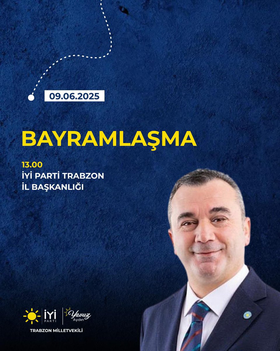 Partimizde Bayramlaşma 09.06.2025 tarihinde bayramın 4.günü parti il başkanlığı binamızda milletvekilimiz Sayın Yavuz Aydın’ın da katılımlarıyla gerçekleştirilecektir. Bütün halkımız davetlidir. 
İyi bayramlar diliyorum. 
Dr.Muhammet Erkan 
İyi Parti İl Başkanı